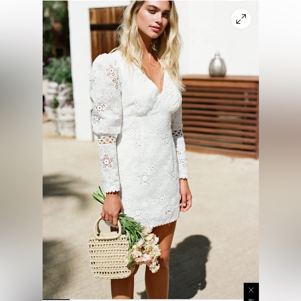 NWT Lulus | Blissful Times White Embroidered Lace Puff Sleeve Mini Dress